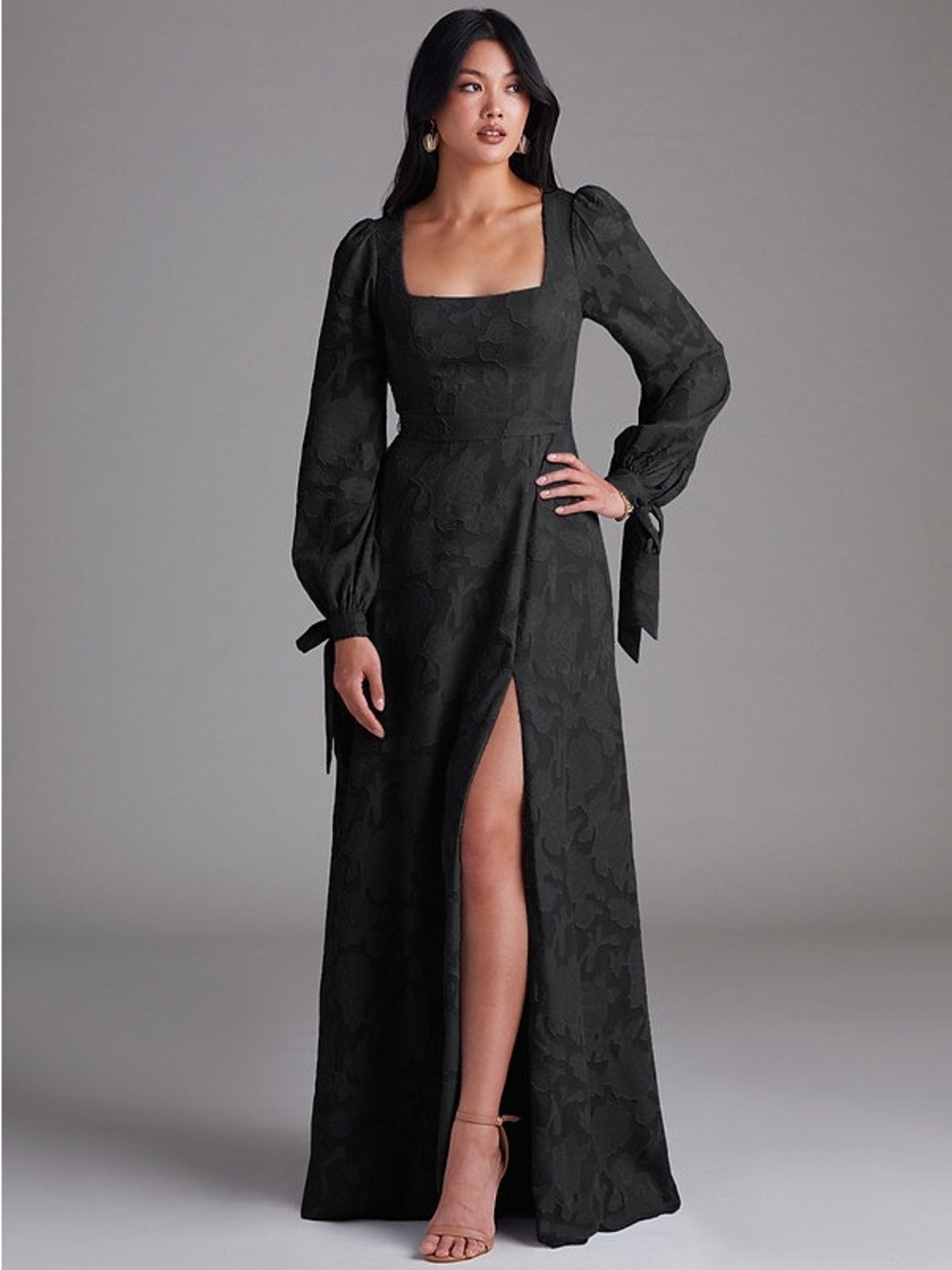 Azazie Leonia Elegant Black Long-Sleeve Maxi Dress with Square Neck
